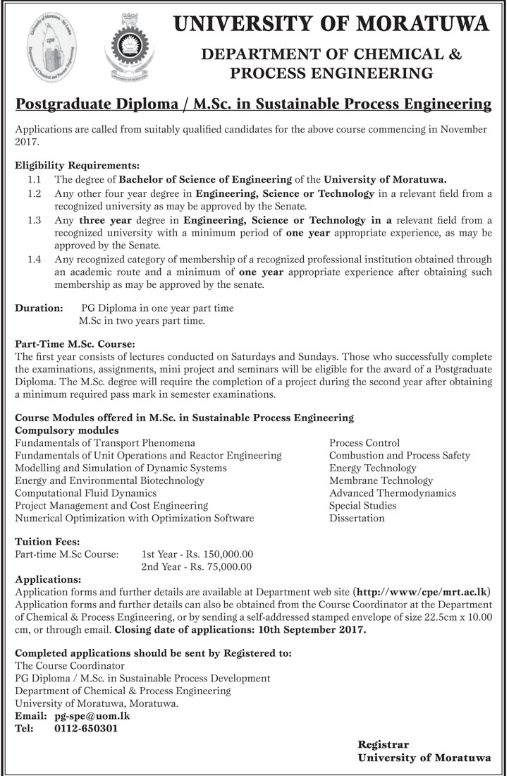 Postgraduate Diploma / M.Sc. in Sustainable Process Engineering - University of Moratuwa